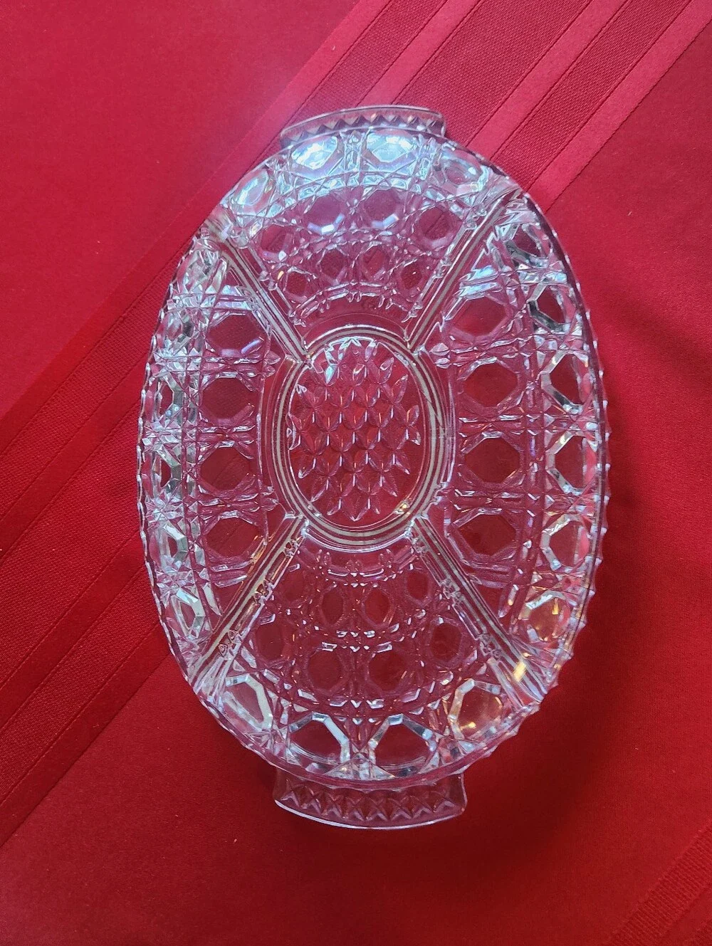 Vintage Clear Cut Heavy Glass Style Oval Divided Relish Dish with Handles